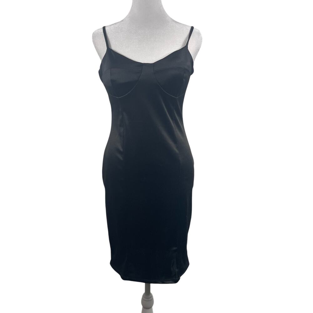 Black Satin Slip Dress Sz L Bodycon Mermaid Whimsigoth Sexy Babydoll Y2K Stretch